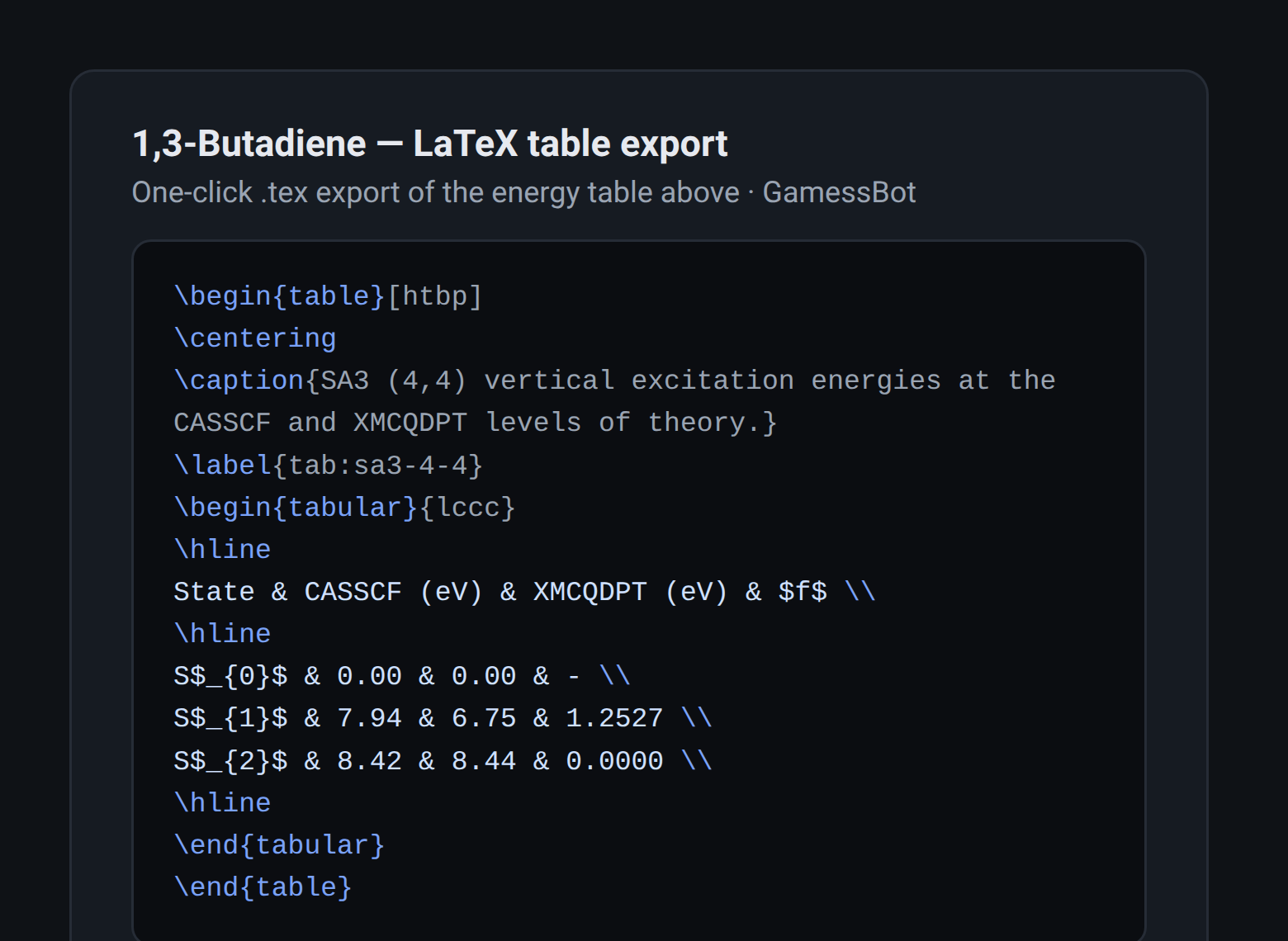 GamessBot one-click LaTeX table export of the butadiene excitation energies